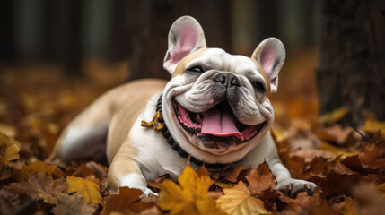 French Bulldog dog lying on the ground full of leaves autumn