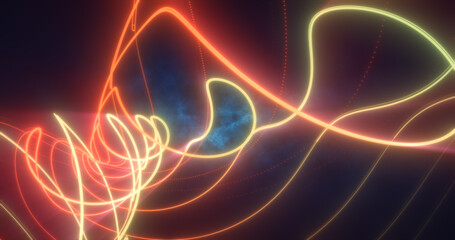 Abstract yellow glowing neon energy laser lines flying on a black background