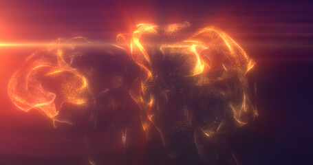 Abstract floating liquid from energy orange particles glowing magical background