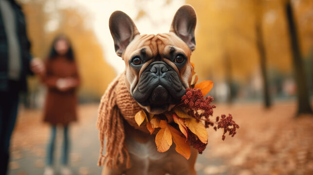 Fun walking in the autumnal park Cropped image of French Bulldog