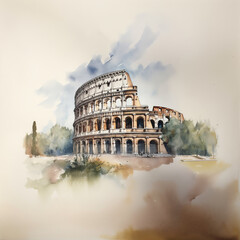 Coliseum, watercolor illustration, Rome, Italy. AI generative