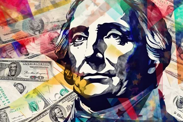 Foto op Plexiglas Pop-Art Economy: Bold Colorful Dollar Imagery with Expressive Economic Headlines. © Henry
