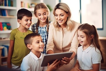 a gorgeous young teacher and student kids watching video together with tablet pc computer talking and laughing at classroom