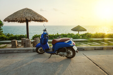 Coastal Bike Tour. Island, Thailand. Scooters parked on the seashore. Beautiful landscape. Tropical Beach. Beautiful tropical island