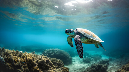 Obraz na płótnie Canvas scuba diver explores turtle in tropical sea, ocean. Activity on vacation, holiday scene with underwater world adventure theme background 