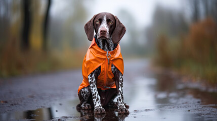 funny German Shorthaired Pointer dog posing in a raincoat outdoors