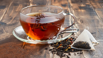 Glass transparent cup of black tea and dry tea in bags on the background of scattered tea leaves on...