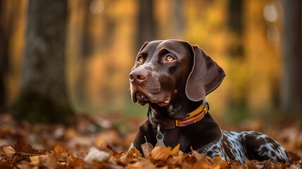 German Shorthaired Pointer dog lying with a leaf fall autumn