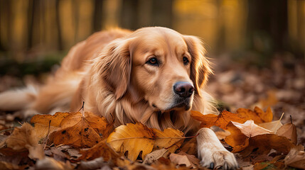 Golden Retriever dog lying on the ground full of leave autumn