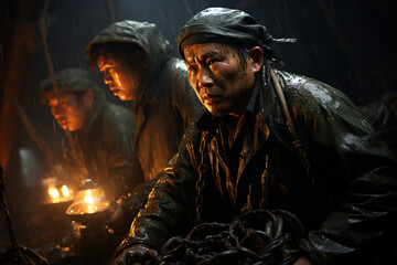 Old fisherman guides in a storm over old wooden boat
