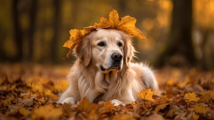 Golden Retriever dog lying with a leaf on its head