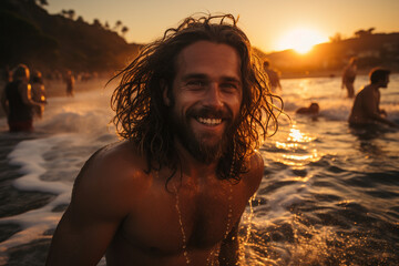 Handsome man in the beach portrait in sunset summer day