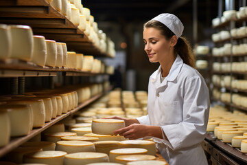 professional woman who is dedicated to cheese in a warehouse controls and prepares them