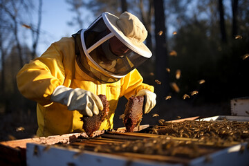 A beekeeper extracts honey from a bee hive