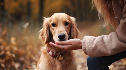 Golden Retriever Dog with human hands close up