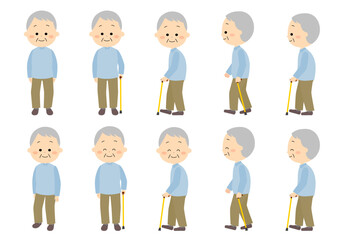 杖を使うかわいいおじいさんのセット