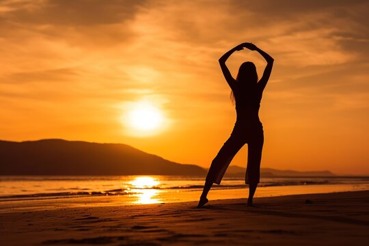 Silhouette illustration. Asian woman practicing yoga on the beach at sunset. Meditation. Exercise.