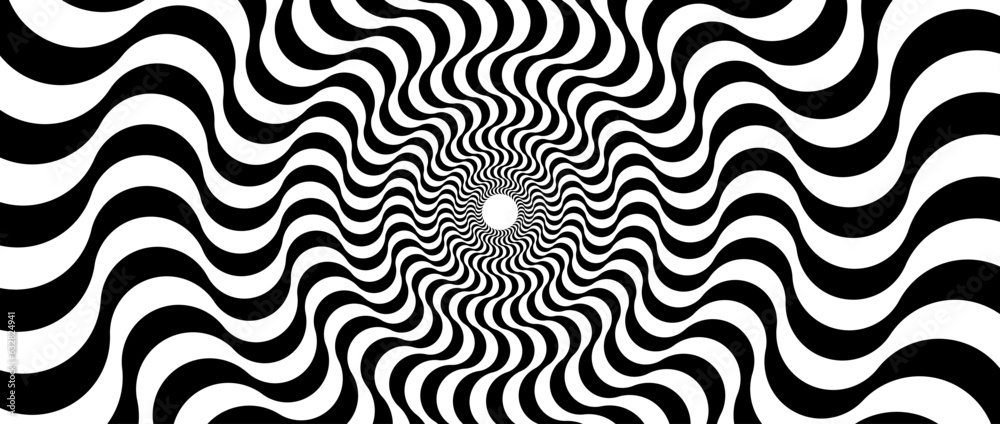 Poster optical illusion background. black and white abstract distorted wavy lines surface. radial waves pos