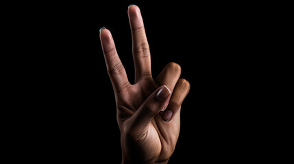 Hand two finger in a victory and peace symbol isolated black background