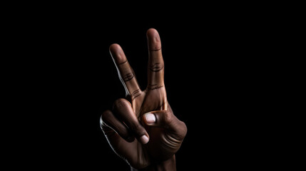 Hand two finger in a victory and peace symbol isolated black background