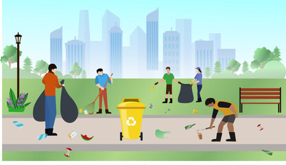 people clean up city park vector illustration, volunteers cleaning up city park from waste and trash, dirty park website concept © lala Firdaa