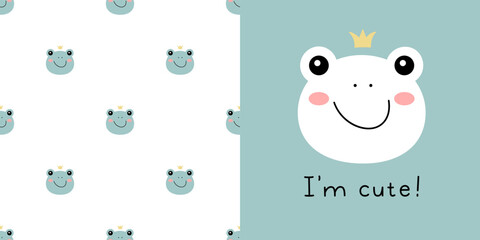 Hand drawn Little frog princess in doodle style for designing baby clothes. Postcard with frog and seamless pattern. Cartoon Bohemian nursery print. Kids design texture. Vector illustration. © Kate Artery19