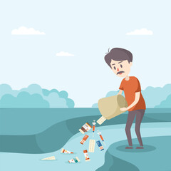 A Man Throwing Medical Waste in The River Flat Design Vector Illustration