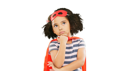 Child, superhero and thinking with costume isolated to fight or stop crime in cosplay on a transparent PNG background. Child power, hero or solution in wonder from idea to protect, freedom or justice