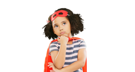 Child, superhero and thinking with costume isolated to fight or stop crime in cosplay on a transparent PNG background. Child power, hero or solution in wonder from idea to protect, freedom or justice