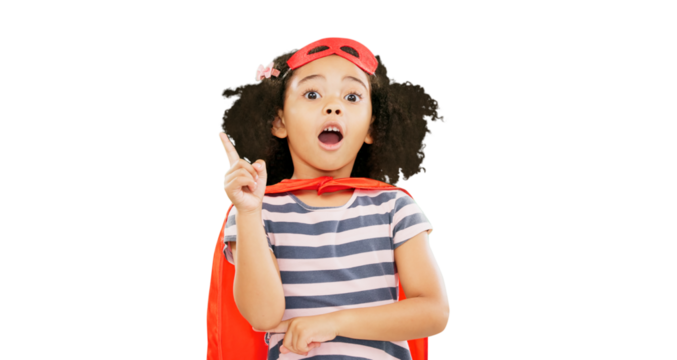 Thinking, superhero and child with idea stop crime or fight in cosplay costume isolated on a transparent PNG background. Portrait of girl or kid with power or solution in protect, freedom or justice