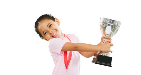 Girl, kid and trophy, celebration and champion with winner of competition isolated on png...
