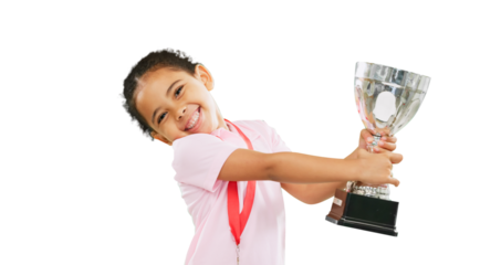 Girl, kid and trophy, celebration and champion with winner of competition isolated on png transparent background. Young female child in portrait, happiness and energy with success, award and winning