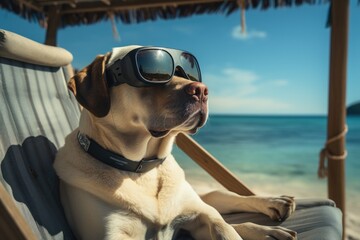 Fototapeta na wymiar Labrador dog wearing sunglasses on the beach. Generative AI