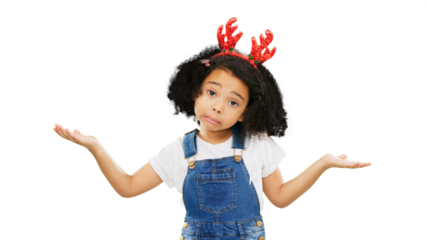 Little girl, portrait and shrug on Christmas standing isolated on a transparent PNG background. Face of confused, doubt or festive holiday child or kid with hands out or palm in choice or decision