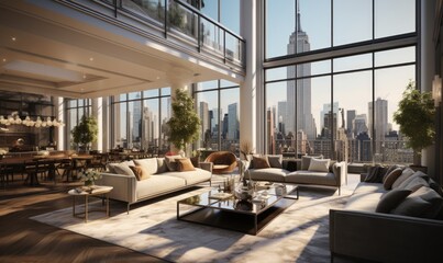 Photo of a modern living room with skyscrapers as the backdrop