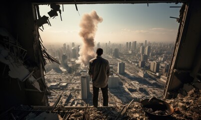 Photo of a man standing on top of a skyscraper