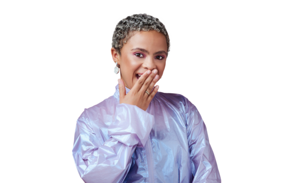 Hand over mouth, woman with secret and surprise in portrait, cyberpunk fashion isolated on transparent png background. Trendy, wow and gossip, African female person reaction and futuristic style - Powered by Adobe