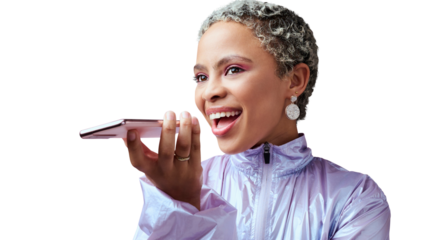Woman, talking and phone call with speaker for sound, fashion news and isolated on transparent png background. Happy african model, gen z style and mobile communication with microphone for audio chat