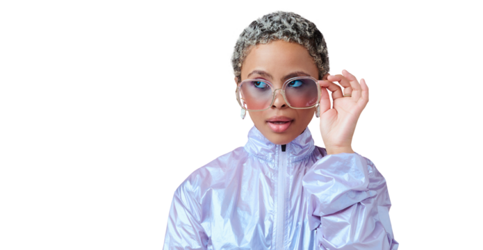 Sunglasses, woman and confidence with fashion, cosmetic and funky accessory isolated on png transparent background. Edgy, stylish and streetwear style, female person in retro eyewear and trendy