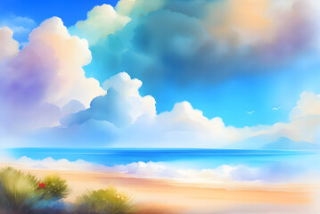 Fototapeta na wymiar 虹色の青空と南国のビーチ　背景素材　水彩イラスト