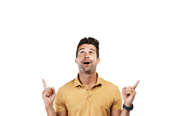 Pointing up, wow or man excited by sale, retail product offer or discount deal isolated on png...