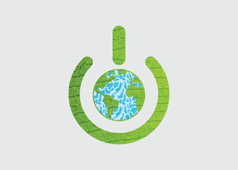 Planet Earth in power button with world map. Earth hour concept. Earth day concept. Vector illustration eco friendly design. Save the Earth concept.