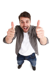 Thumbs up, happy and portrait of man with smile on isolated, png and transparent background. Like,...