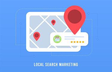 Local Search Marketing concept. Digital marketing based on location, customer ratings and reviews. Local SEO for small businesses. Listings with maps, red pins, and star ratings for nearby places - obrazy, fototapety, plakaty