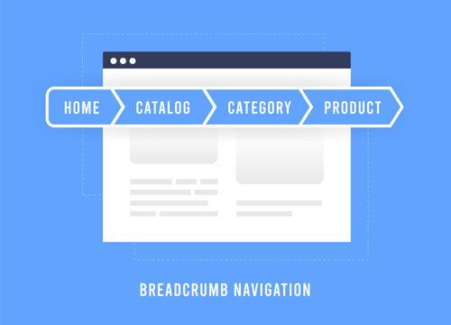 Breadcrumbs Navigation illustration. Improving Website SEO and User Experience. Utilizing Breadcrumbs and Internal Links to Enhance Website Hierarchy and Usability. Vector Illustration concept