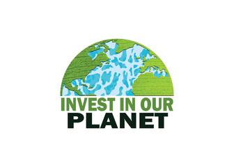 Invest in our planet. Earth day 2024 concept background. Ecology concept. Design with globe map and leaf isolated on white background. Vector illustration