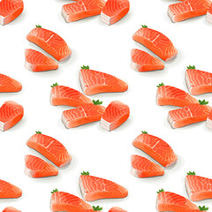 This graphic showcases a salmon sashimi pattern, capturing the elegance of Japanese cuisine. The repeated design highlights freshness and is ideal for culinary or cultural themes.