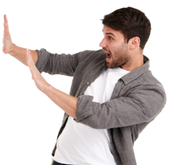 Man, stop or moving wall, push and open mouth with fear and stress isolated on png transparent background. Male person, screaming and scared with panic, reaction and facial expression with crisis