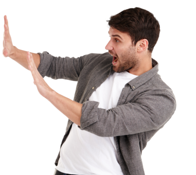 Man, stop or moving wall, push and open mouth with fear and stress isolated on png transparent background. Male person, screaming and scared with panic, reaction and facial expression with crisis
