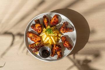 Un plato  blanco  en una mesa  con pollo frito y papas fritas  